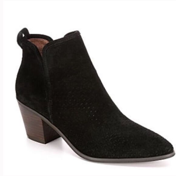 Lucky Brand- Loria Black Suede Leather Upper Heeled Booties Perforated, Size 8.5 - Picture 1 of 14